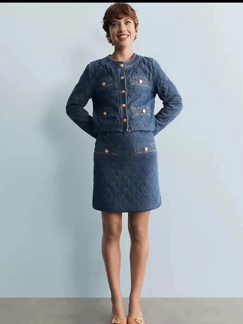 ANN TAYLOR Quilted Blue Denim Mini Skirt Gold Buttons 2 $89
